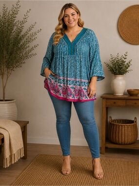 Woman Within Teal Floral V-Neck Peasant Tunic with Pink Border